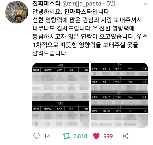 [SNS 세상] 선행이 선행을 낳다…'결식아동 파스타 제공' 동참 물결