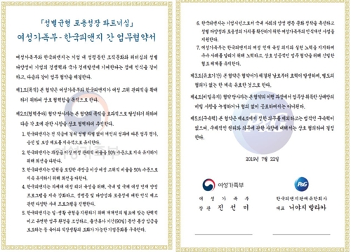 "과장이상 여성비율 50% 유지" 여가부-한국P&G 성별균형 협약