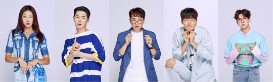 JTBC2 새 예능 ‘호구의 차트’에 출연하는 모델 한혜진(왼쪽부터), 신화의 전진, 방송인 장성규, 모델 정혁, 뉴이스트의 렌. /사진제공=JTBC2