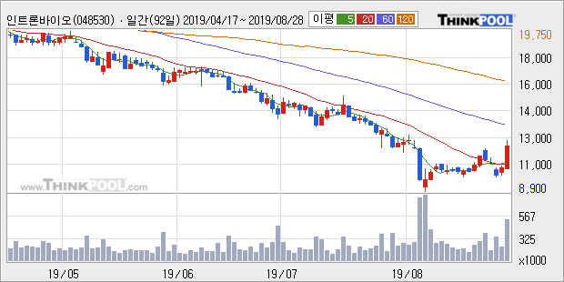 '인트론바이오' 10% 이상 상승, 주가 20일 이평선 상회, 단기·중기 이평선 역배열