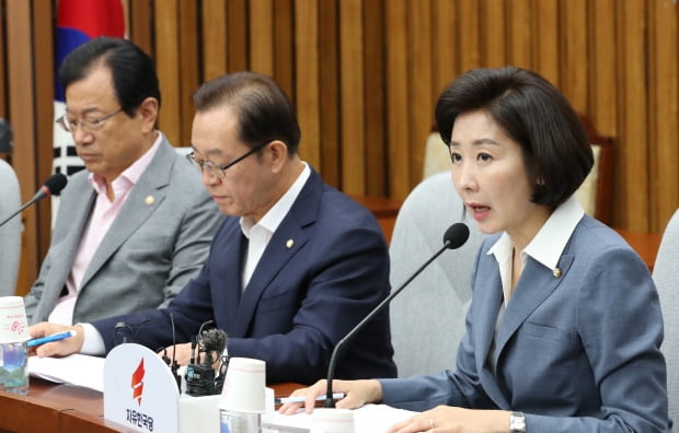  자유한국당 나경원 원내대표가 6일 국회에서 열린 원내대책회의에서 발언하고 있다.  /연합뉴스