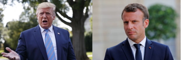 8일(현지시간) 도널드 트럼프 미국 대통령(왼쪽)이 에마뉘엘 마크롱 프랑스 대통령(오른쪽)에 대해 “미국 이외에는 그 누구도 미국을 대변할 수 없다”는 트윗을 올렸다. 사진 AP, 로이터
