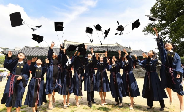 26일 서울 종로구 성균관대학교 대성전에서 열린 2019년 여름 학위수여식에서 고유례(告由禮)를 마친 졸업생들이 학사모를 하늘 높이 던지며 졸업을 자축하고 있다./김범준기자 bjk07@hankyung.com