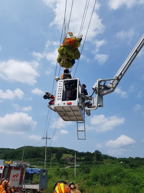 단양서 불시착하던 패러글라이더 고압선에 걸려…2명 구조