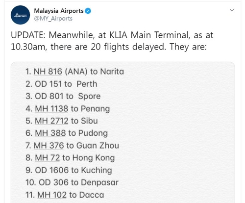 말레이 쿠알라룸푸르 공항 전산 장애로 20편 이상 지연
