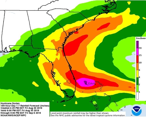 허리케인 도리안 '괴물급' 4등급으로…美 플로리다 등 초비상