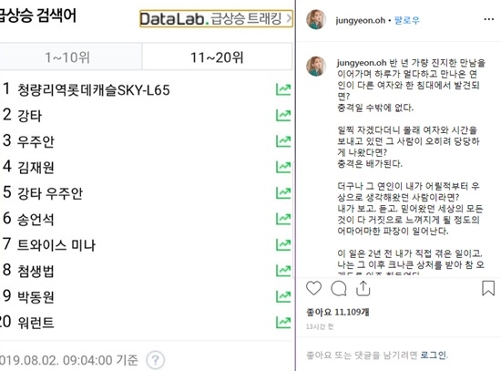 오정연, SNS 충격폭로 `파장`…입 다문 강타 `비공개 전환`