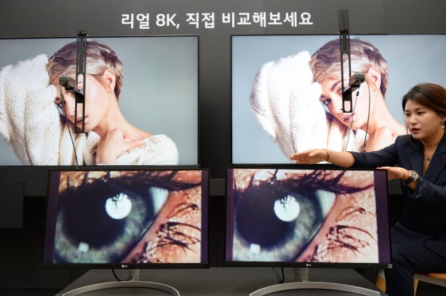 지난 17일 서울 여의도 LG트윈타워에서 열린 LG전자 디스플레이 기술설명회에서 LG전자 직원이 8K TV 제품들의 해상도 차이를 설명하고 있다. /LG전자 제공