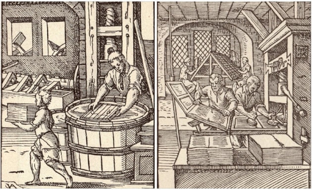 스위스 판화가 요스트 암만이 1586년 묘사한 제지업자(왼쪽)와 인쇄공이 일하는 모습. 왼쪽 그림에서는 눌러서 물을 짜내는 압축기를, 오른쪽 그림 뒤쪽에서는 식자공이 활자 상자에서 활자를 꺼내는 모습을 확인할 수 있다.  /김영사 제공
