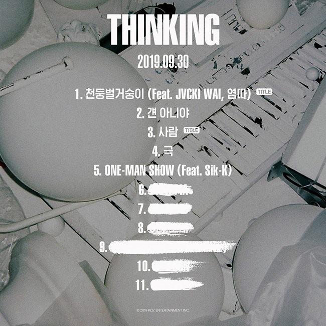 지코, 첫 정규앨범 `THINKING` 트랙리스트 공개…`천둥벌거숭이`와 `사람` 더블 타이틀 확정