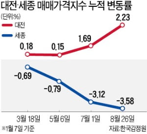 정비사업 기대 '뛰는' 대전…공급과잉 우려 '기는' 세종 집값
