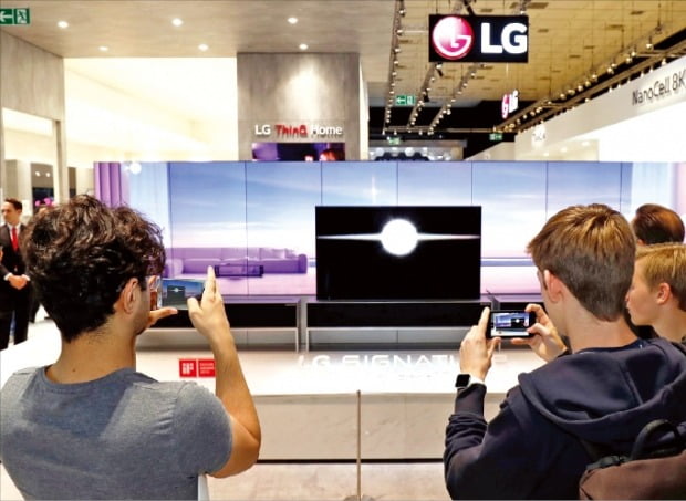 관람객들이 7일(현지시간) ‘IFA 2019’에서 종이처럼 말아 넣을 수 있는 롤러블 TV인 ‘LG 시그니처 올레드 R’을 살펴보고 있다.  LG전자  제공 