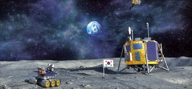착륙선과 탐사 로버(왼쪽)의 모습을 담은 한국의 달 탐사 상상도.  /한국항공우주연구원 제공 
