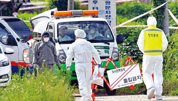 < 방역 초비상 > 아프리카돼지열병이 발생한 경기 파주시의 한 양돈농장에서 17일 방역당국 관계자들이 외부인 출입을 통제한 가운데 방역 작업을 하고 있다. 정부는 전국 돼지농장 등에 ‘일시 이동중지 명령’을 발령하는 등 확산 방지 총력 대응 태세에 들어갔다.  /파주=강은구 기자  egkang@hankyung.com 