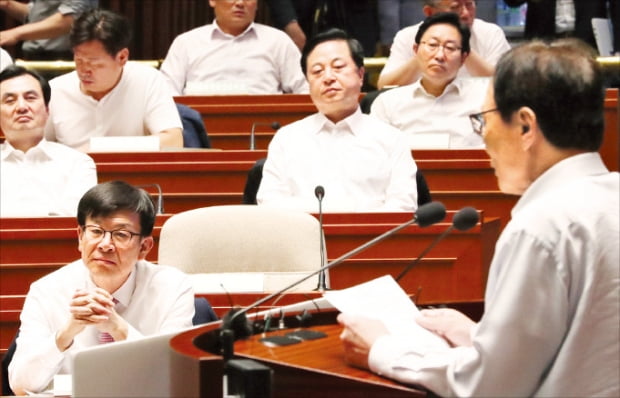 이해찬 더불어민주당 대표(오른쪽)가 18일 국회에서 열린 ‘정기국회 대비 워크숍’에서 발언하고 있다. 김상조 청와대 정책실장(왼쪽 맨 아래)과 의원들이 심각한 표정으로 듣고 있다.  연합뉴스 