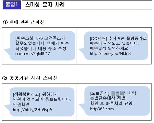 추석 택배배송 확인·소액결제 사칭한 '스미싱 피해주의보'