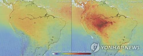 유럽우주국 "아마존 산불 이후 일산화탄소 등 대기오염도 급증"