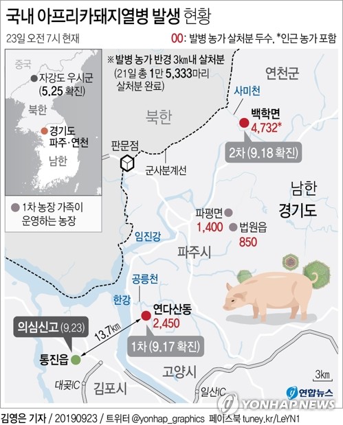 '한강 이남' 김포서 아프리카돼지열병 의심 신고…방역 초비상