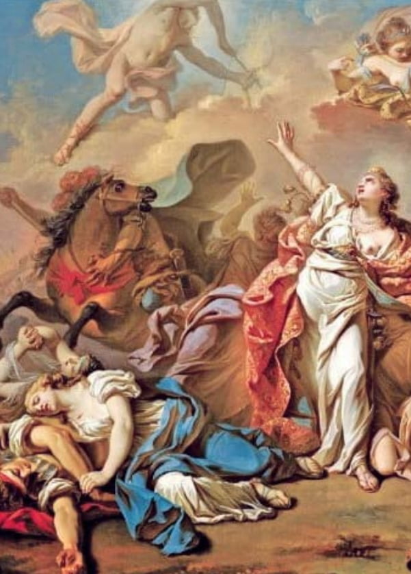 프랑스 화가 자크 루이 다비드(1748~1825)의 1772년 작 ‘아폴로와 아르테미스의 공격으로부터 자식들을 보호하는 니오베’. 미국 댈러스 미술관 소장.