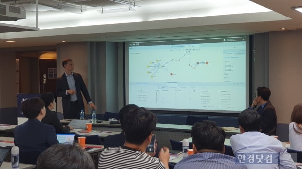 톰 로빈슨 엘립틱 최고과학자가 8일 서울시 주한영국대사관에서 개최된 '암호화폐 AML 리스크 관리 Best Practice' 세미나에서 강연중이다(사진=김산하 기자)