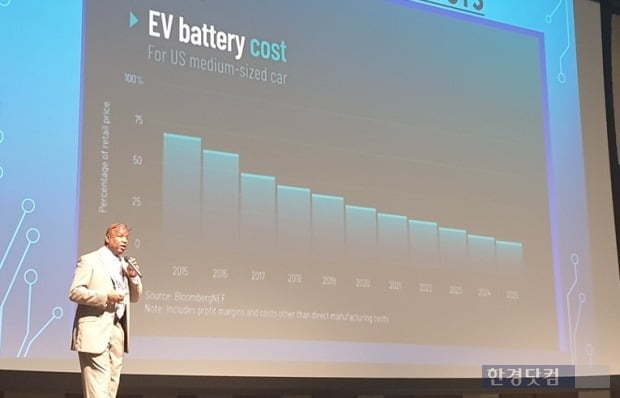 조나단 우 SF모터스 구매담당이 전기차의 가격 경쟁력에 대해 말하고 있다. 사진=오세성 한경닷컴 기자