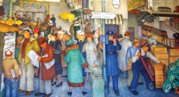 빅토 미카일 아르노포트(1896~1979)의 ‘도시생활’. 미국 샌프란시스코 코이트타워 벽화. 1931년 작.