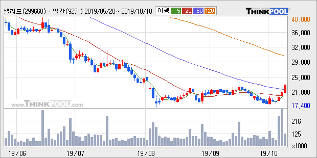 '셀리드' 10% 이상 상승, 주가 60일 이평선 상회, 단기·중기 이평선 역배열