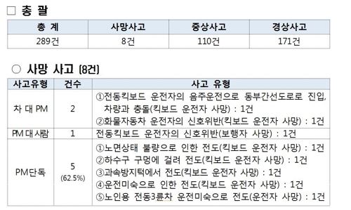 전동킥보드 등 개인모빌리티 2년간 인명사고 289건…사망 8건