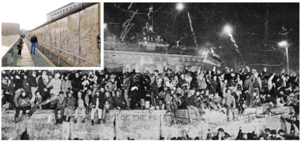 1989년 11월 10일 베를린 장벽이 무너지자 독일인들이 잔해 위로 올라가 기뻐하고 있다. 1961년 세워진 베를린 장벽의 문이 열리자 시민들은 저마다 망치와 삽을 들고 나와 아예 장벽을 허물어뜨렸다. 왼쪽 위는 기념물로 남겨진 브란덴부르크문 인근의 일부 장벽. /한경DB·강경민 특파원 