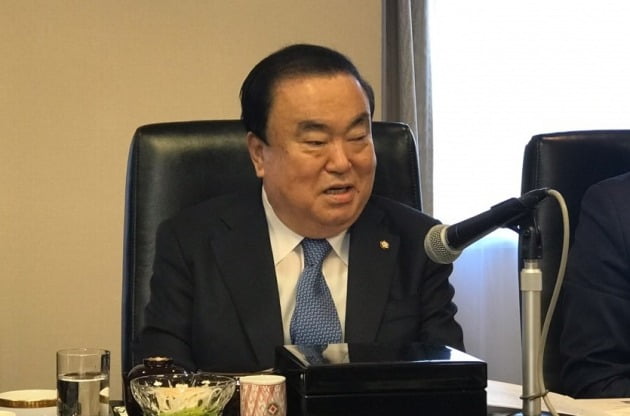  문희상 국회의장이 6일 일본 도쿄의 데이코쿠호텔에서 열린 도쿄 주재 한국 특파원과의 간담회에서 발언하고 있다. [사진=연합뉴스]