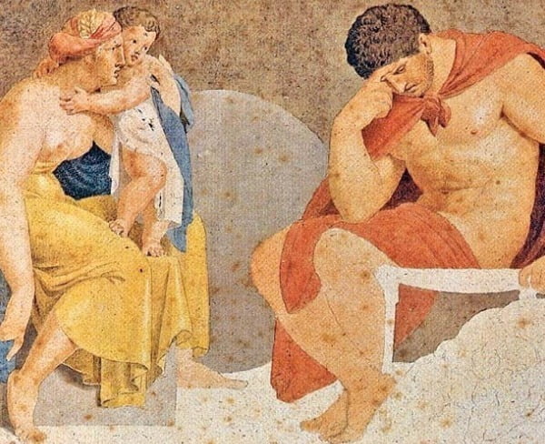 독일 화가 아스무스 야콥 카르텐스(1754~1798)의 ‘부인 테크메사, 아들 에우리사케스와 함께 있는 우울한 아이아스’(1791년, 22.7㎝×33.6㎝). 독일 드레스덴 미술관 소장.