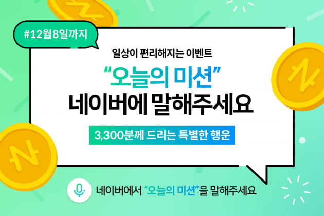 ​​​​​​​네이버가 오는 12월 8일까지 음성 검색을 통해 참여하는 '오늘의 미션' 행사를 진행한다고 29일 밝혔다.