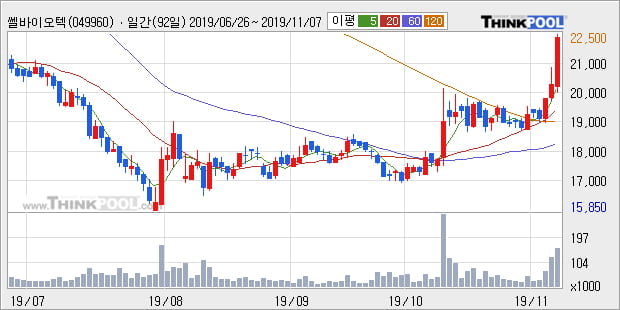 '쎌바이오텍' 10% 이상 상승, 단기·중기 이평선 정배열로 상승세