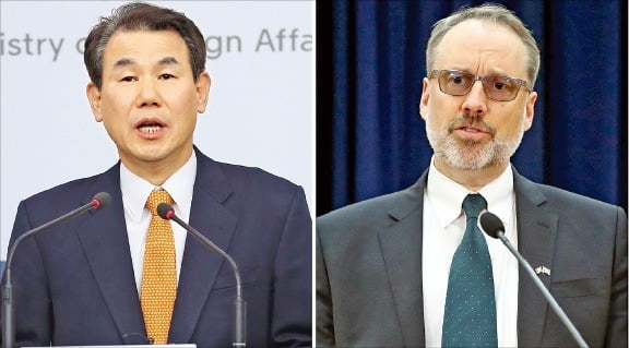 한·미 방위비 분담 협상 결과를 브리핑하는 정은보 한국 측 수석대표(왼쪽)와 미국 측 수석대표인 제임스 드하트 국무부 선임보좌관. 