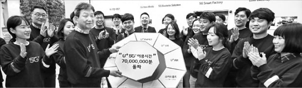 LG유플러스 임직원들이 26일 5G 이동통신 전파 발사 1주년을 기념하고 있다.  /LG유플러스 제공 