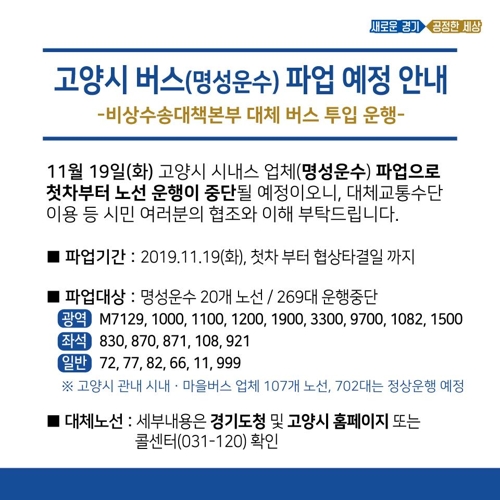 서울 오가는 고양 버스 파업…'1000번' 대체 전세버스 투입(종합)