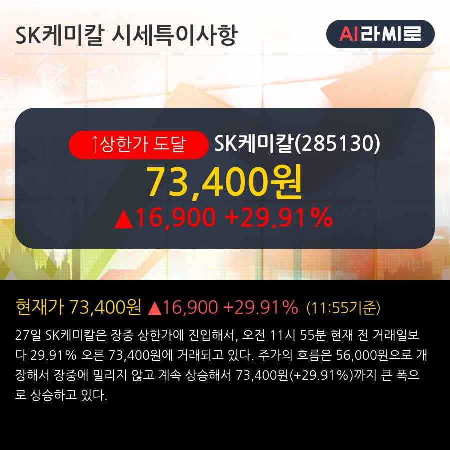 'SK케미칼' 상한가↑ 도달, 전일 기관 대량 순매수