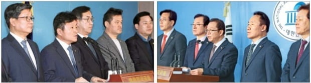 < 민주당 vs 한국당 비난전 > 국회 예산결산특별위원회 예산심사소위 소속 더불어민주당 의원들(왼쪽)과 자유한국당 의원들이 2일 국회 정론관에서 각각 기자회견을 열고 상대 당을 비판하고 있다. 이날 법정 처리 기한을 맞은 예산안 통과가 무산되자 민주당 의원들은 “한국당이 발목을 잡았다”고 비판했고, 한국당 의원들은 “민주당이 본회의를 열지 않았다”고 주장했다. /김범준 기자 bjk07@hankyung.com·연합뉴스