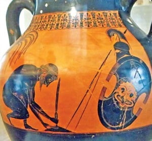 기원전 545년 그리스 암포라 항아리 그림 ‘아이아스의 자살’. 고대 그리스 화가이자 도공인 엑세키아스의 작품.
