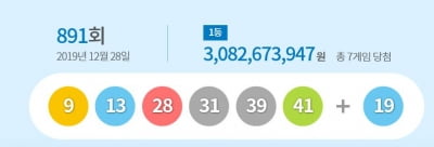 제 891회 로또복권 1등 당첨번호 '9, 13, 28, 31, 39, 41'