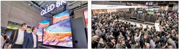 삼성전자가 2019년 독일 베를린에서 열린 가전 박람회 ‘IFA 2019’에 내놓은 QLED 8K TV(왼쪽), LG전자가 2019년 1월 미국 라스베이거스에서 개최된 세계 최대 전자쇼 ‘CES 2019’에서 선보인 롤러블 올레드 TV(오른쪽). /한경DB 