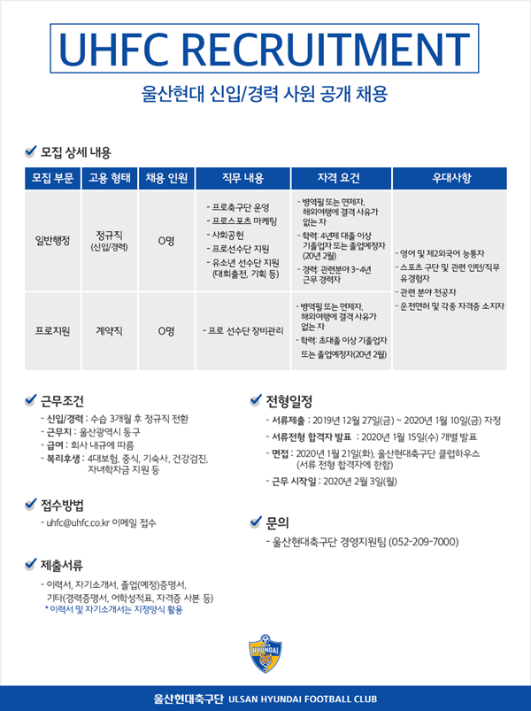울산현대, 일반행정·프로지원 직군 신입·경력사원 공채···10일까지 서류마감