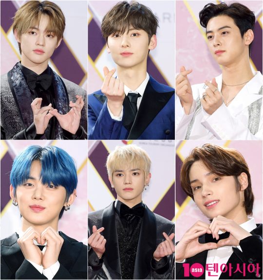 NCT 드림 천러(왼쪽부터 시계방향), 뉴이스트 황민현, 아스트로 차은우, 투모로우바이투게더 연준, NCT 127 태용, 투모로우바이투게더 휴닝카이