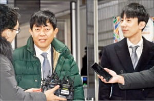 이재웅 쏘카 대표(가운데)와 타다 운영사 VCNC의 박재욱 대표(오른쪽)가 2일 서울중앙지방법원에 들어가면서 기자들의 질문을 받고 있다.  /강은구  기자  egkang@hankyung.com 