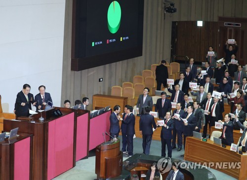 "날치기" "세금도둑" 한국당 거센 항의 속 예산안 28분만에 처리