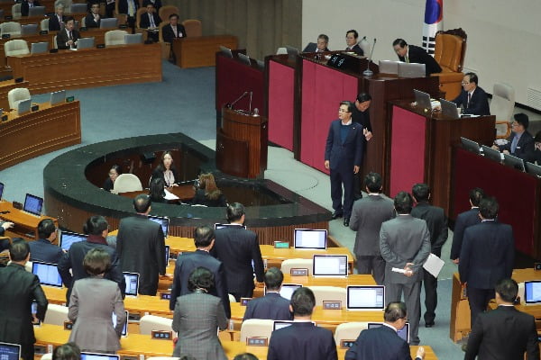 내년도 예산안 상정에 반발하는 한국당. 사진=연합뉴스