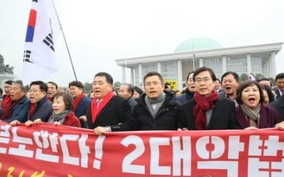 한국당 연이틀 집회…지지자 출입통제에 황교안 국회 밖으로