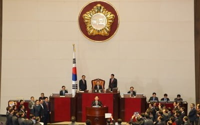 '난장판' 본회의…한국당, 단상 앞 대거 몰려가 "문희상 내려와"