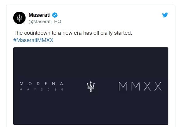 프로젝트명인 'MMXX'는 로마자로 2020년을 의미하는 것으로, 'MMXX 모데나 2020년 5월'이라고 적힌 티저를 공개하면서 공식화됐다. [사진=마세라티 트위터 캡처]
