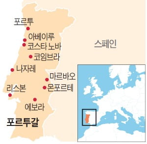  소금으로 돈을 번 상인들이 건물을 화려하게 꾸민 포르투갈 아베이루 거리 풍경.